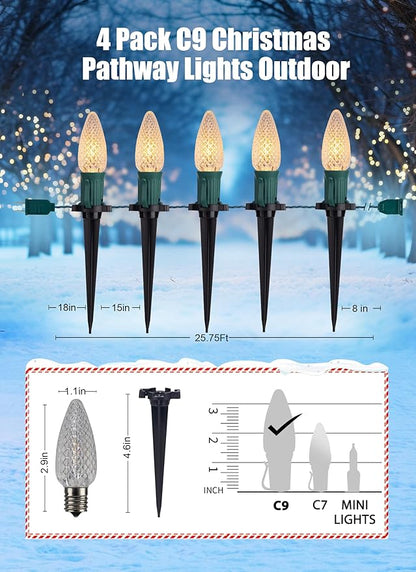 C9 Christmas Pathway Lights Outdoor, 25.7 Feet 20 LED C9 Strawberry Walkway Lights with Marker Stakes, Connectable Shatterproof C9 String Lights for Lane Outside Yard Decorations, Warm White, 4 Pack