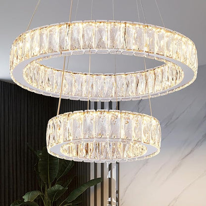 Depuley Modern LED Crystal Chandelier: 11.8" + 19.7" Rings Dimmable Pendant Light Adjustable for Dining Room - 42W Double-Decker Round Crystal Chandeliers for Bedroom Living Room Porch Foyer