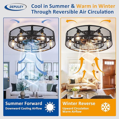 Depuley Low Profile Ceiling Fan: 26" Flush Mount Ceiling Fan Lights Reversible - Industrial Caged Ceiling Fans Light Fixture 6 Speeds for Bedroom Kitchen Black E26 Base Bulbs Not Included