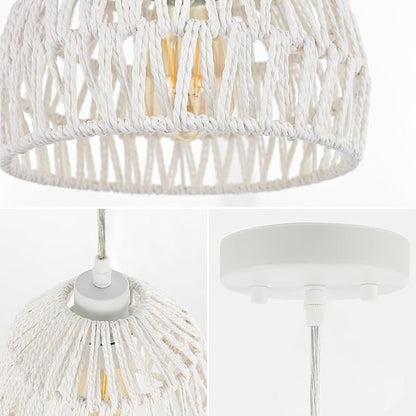 JONATHAN Y 8.25" White Modern Bohemian Woven Rope LED Pendant Light Fixture, Adjustable Dome Ceiling Lamp for Kitchen Island, Rope Shade, Coastal Farmhouse Decor (JYL6512A)