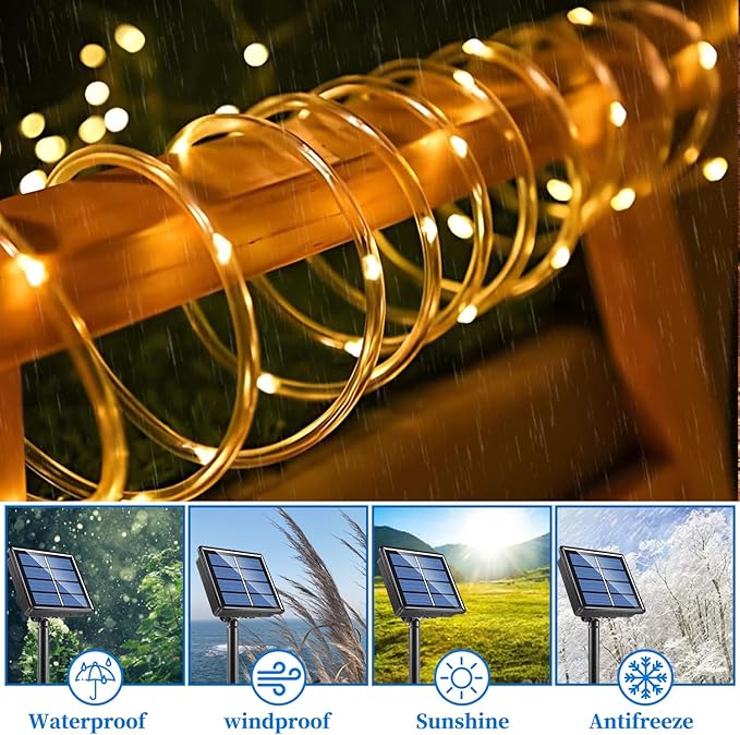 ANJAYLIA 33FT 100 LED Solar Rope Lights Outdoor Waterproof, Solar Powered Rope String Lights with 8 Modes for Outdoor, Patio, Garden, Camping, Holiday & Christmas Décor Warm White