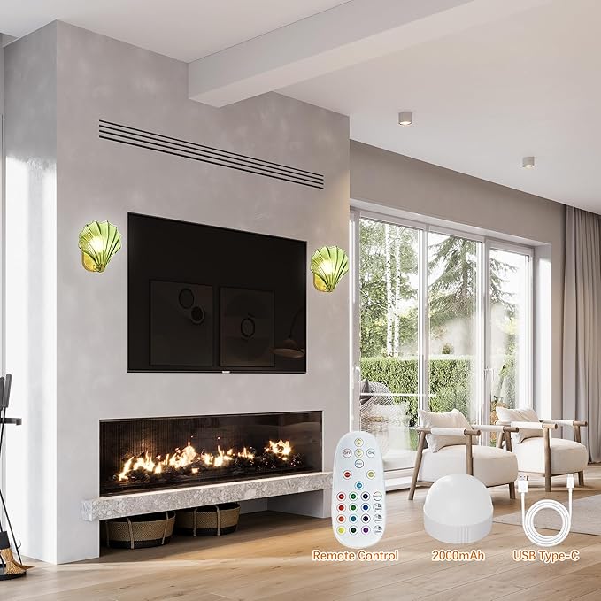 Vintage Battery Operated Wall Sconces with Remote, Green Rechargeable Wireless Wall Sconces with Magnetic LED Bulbs, Indoor Shell Shaped Wall Lights for Living Room, Bedroom, Bedside, Doorway