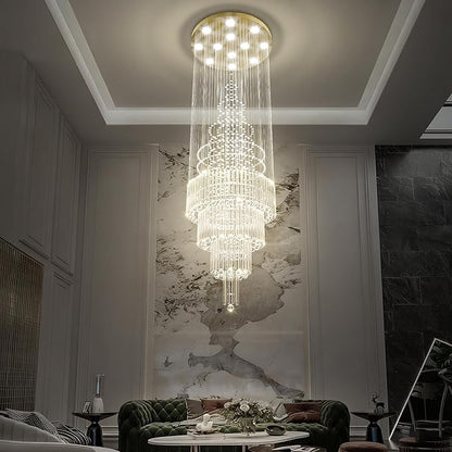 D32''X H100'' Large Crystal Chandelier Lighting, Modern LED Round Raindrop Flush Mount Ceiling Light Fixture for Hotel Staircase Hallway Modern Crystal Chandelier Suitable for Sloping Ceiling