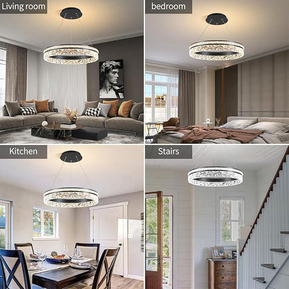Modern LED Chandelier 1 Ring 19.7in Pendant Lighting for Kitchen Island 50W Dimmable LED Pendant Ceiling Light Black Hanging Light Fixtures with Remote for Kitchen Dining Room Bedroom Living Room