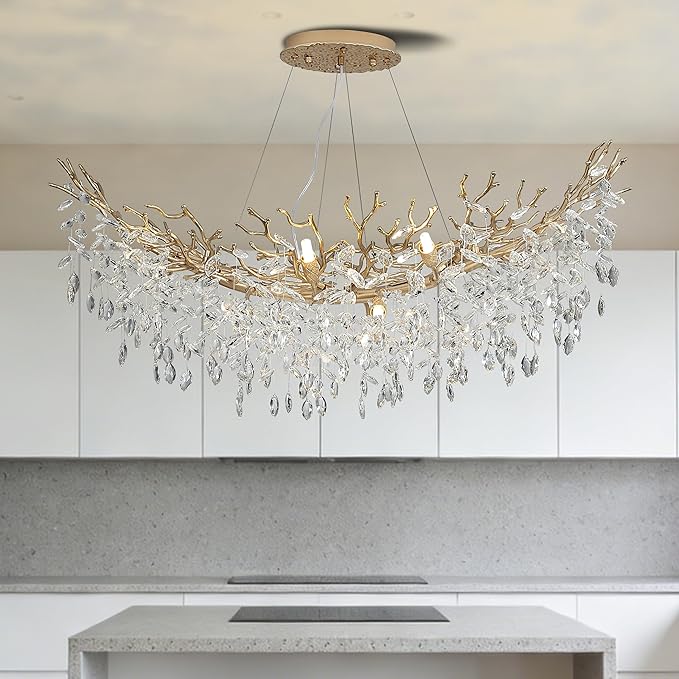 Modern Crystal Tree Branches Chandelier, 47.5in Gold 12 Lights Large Ceiling Hanging Light for Dining Room, Arc Raindrop Pendant Light Fixture