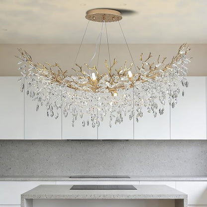 Modern Crystal Tree Branches Chandelier, 47.5in Gold 12 Lights Large Ceiling Hanging Light for Dining Room, Arc Raindrop Pendant Light Fixture