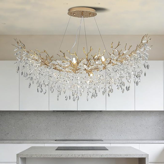 Modern Crystal Tree Branches Chandelier, 47.5in Gold 12 Lights Large Ceiling Hanging Light for Dining Room, Arc Raindrop Pendant Light Fixture