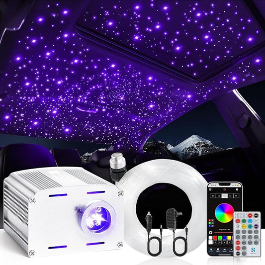 Fiber Optic Car Starlight Headliner Kit, Twinkle & Sound Activated RGBW 16W 200pcs*0.03in*6.5ft Fiber Strands Car Star Roof Lights with APP& Remote Controlled, Ceiling Star Lights for Home/Car Decor