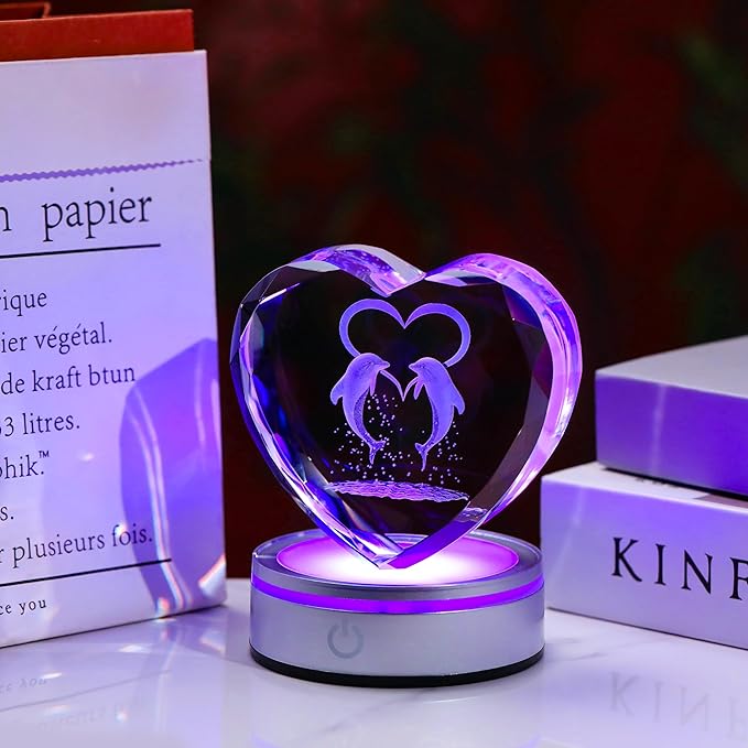 Qianwei Dolphin Gifts for Women 3D Crystal Heart - Laser Dolphin Decor Glass Animals Dolphin Gifts Figurines Statue Stuff for Room Decorations Dolphin Night Light