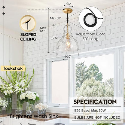 Hammered Glass Pendant Light Gold Pendant Lights Kitchen Island 12in Large Brass Kichen Island Light Over Sink Glass Ceiling Pendant Light for Entry Hallway Dining Room
