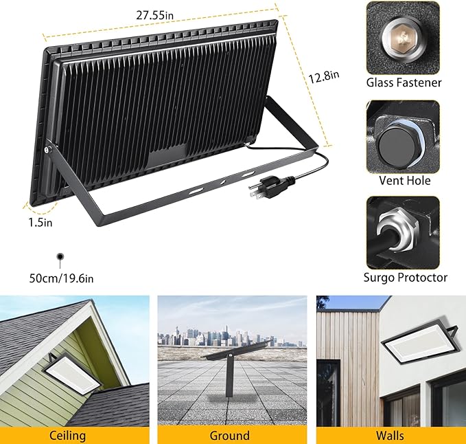YANYCN 2 Pack 1000W LED Flood Light Outdoor,4250W Equivalent Super Bright 99500LM 5000K Daylight White FloodLight with Plug,IP66 Waterproof Commercial Lighting for Sports Fields,Counts,Arena,Stadium