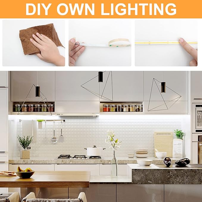 AXMOTUT COB LED Strip Lights with Remote, 24V 9.84ft White Dimmable LED Light Strips, High Bright 6000K LED Lights with Power Supply for Room, Kitchen, DIY Home Decoration