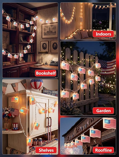 GOOTHY 4th of July Lights 8.5F American Flag String Lights, Patriotic Lights with 10 Mini American Flag Lights, Plug in 4th of July Decorations Lights for Indoor Independence Day Party Memorial Day