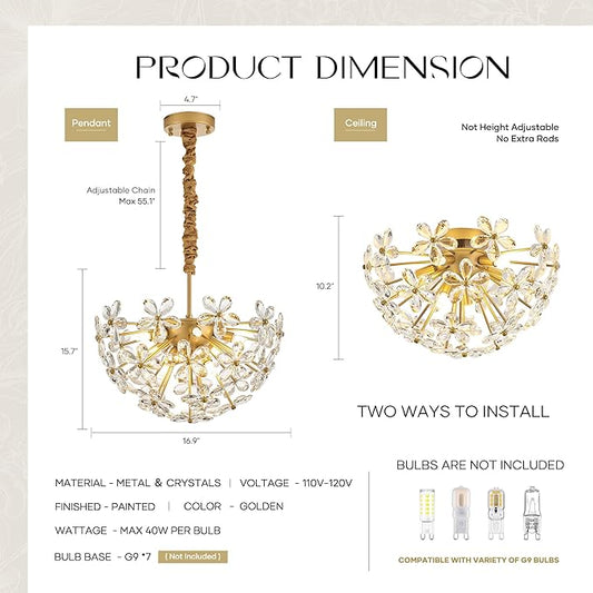 17" Modern Gold Crystal Sputnik Chandelier for Dining Living Room Glam Luxury Petal Hemisphere Chandelier 7-Light for Foyer Hallway Elegant Pendant Ceiling Light Fixtures for Kitchen Bedroom