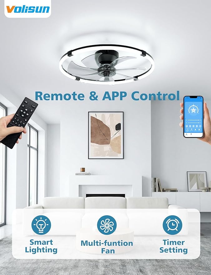 VOLISUN Low Profile Ceiling Fan with Lights and Remote, 23.6in Bladeless Ceiling Fans with Light Flush Mount, Dimmable Modern LED Fan Light, Black Fandelier Ceiling Fans for Bedroom,Living Room