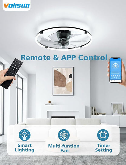 VOLISUN Low Profile Ceiling Fan with Lights and Remote, 23.6in Bladeless Ceiling Fans with Light Flush Mount, Dimmable Modern LED Fan Light, Black Fandelier Ceiling Fans for Bedroom,Living Room