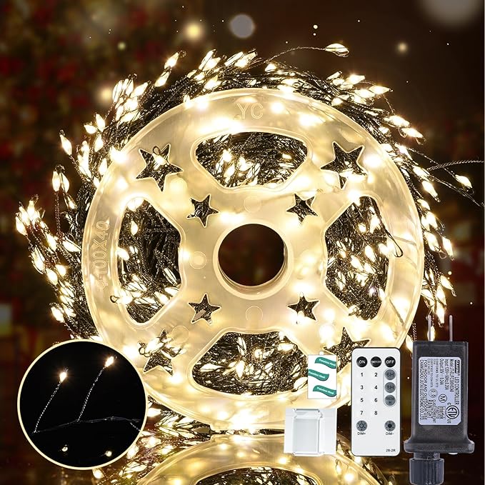Fairy Lights Plug in 32.8Ft 500LED Warm Christmas Wreath Twinkle Lights with Timer Waterproof Remote Firecracker Firefly Cluster String Light for Bedroom Graland Party Tree Decor Black Wire