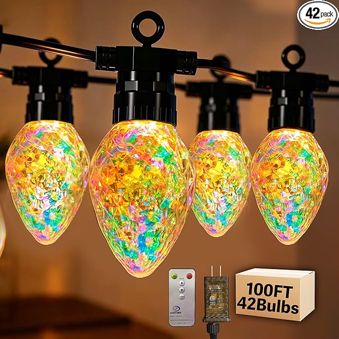 Outdoor String Lights, 100FT 42 LED Iridescent Holographic Bulbs, Waterproof Patio Lights with Remote Control, Shatterproof Connectable Lights for Backyard, Porch, Garden, and Party