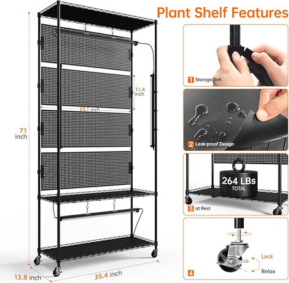 Bstrip Plant Cabinet with Pegboard, 3 Tier Plant Shelf with Grow Light, Metal Plant Stand with 4 Pack 96W Grow Lights for Indoor Plant, Foliage Plants, Seed Starting, 35.4"x13.8"x71"