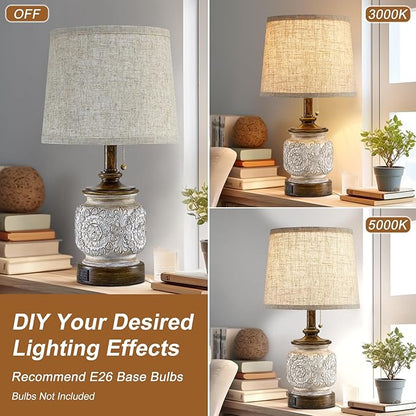 19.5" Farmhouse Bedside Table Lamps Set of 2 Rustic Lamps for Nightstand Bedroom with USB Ports Vintage Traditional White Carved Floral Night Light Lamps for Living Room End Tables Decor