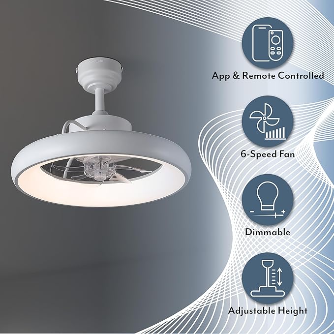 Oval AIR Loren 20" Small Smart Ceiling Fan with Light, Semi Flush Mount, Quiet 6-Speed Reversible Motor, Dimmable LED, Adjustable CCT, App & Remote Control, Minimalist, White AIR8002D