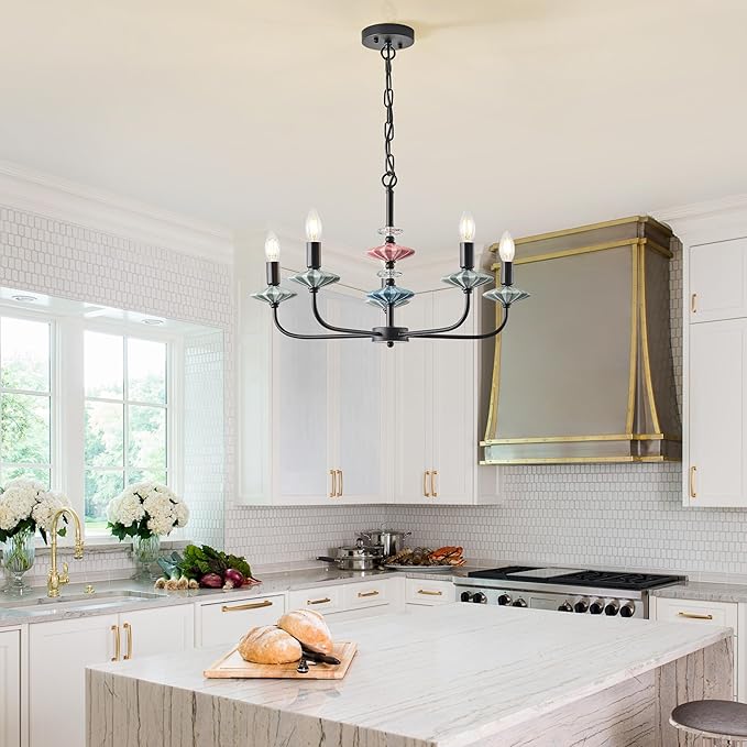 Black Chandeliers for Dining Room Light Fixture Over Table,5-Light Art Deco Chandelier, Modern Retro Candle Chandelier with Ceramic,Farmhouse Chandelier for Girls Bedroom，Living Room，Foyer