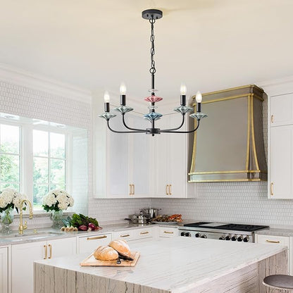 Black Chandeliers for Dining Room Light Fixture Over Table,5-Light Art Deco Chandelier, Modern Retro Candle Chandelier with Ceramic,Farmhouse Chandelier for Girls Bedroom，Living Room，Foyer