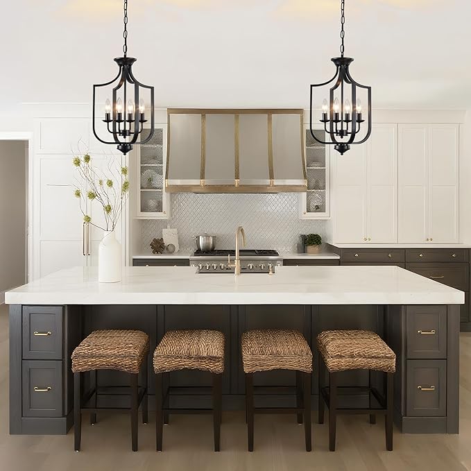12.99'' Black Chandelier 4-Lights Modern Farmhouse Lantern Chandeliers for Dining Room Rustic Metal Cage Industrial Pendant Light Fixture Vintage Chandelier for Foyer Kitchen Entryway Living Room E12