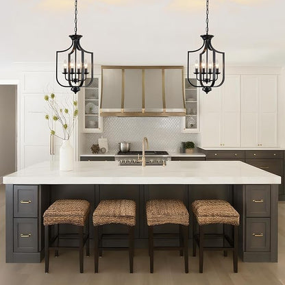 12.99'' Black Chandelier 4-Lights Modern Farmhouse Lantern Chandeliers for Dining Room Rustic Metal Cage Industrial Pendant Light Fixture Vintage Chandelier for Foyer Kitchen Entryway Living Room E12