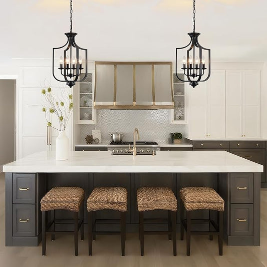 12.99'' Black Chandelier 4-Lights Modern Farmhouse Lantern Chandeliers for Dining Room Rustic Metal Cage Industrial Pendant Light Fixture Vintage Chandelier for Foyer Kitchen Entryway Living Room E12