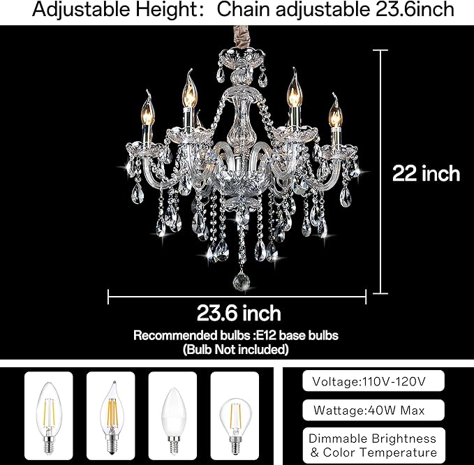 Bagood Clear 6 Lights Candle Chandelier Lighting K9 Crystal Candle Chandeliers Lighting Crystal Modern Chandelier for Dining Living Room Bedroom Entry Elegant Decoration E12 Base, H22 x W23.6 Inch