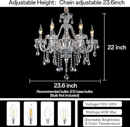 Bagood Clear 6 Lights Candle Chandelier Lighting K9 Crystal Candle Chandeliers Lighting Crystal Modern Chandelier for Dining Living Room Bedroom Entry Elegant Decoration E12 Base, H22 x W23.6 Inch