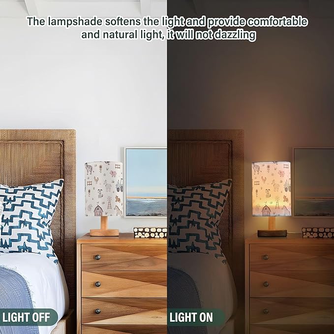 Farm Animal House Car Windmill Cow Sheep Pig Horse Dog Cat Goose Hen Table Lamp with Wood Base Fabric Lamp Shade Bedside Nightstand Desk Lamp for Living Room Bedroom Kids Room Office