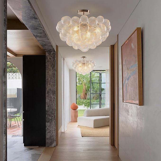 Hand Blown Glass Bubble Ball Chandelier Nickel-Plated 24" Semi-Flush Mount Ceiling Lights Art Deco Cluster Ribbed Glass Globe Chandeliers Light Fixture for Dining Living Bedroom Island