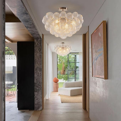 Hand Blown Glass Bubble Ball Chandelier Nickel-Plated 24" Semi-Flush Mount Ceiling Lights Art Deco Cluster Ribbed Glass Globe Chandeliers Light Fixture for Dining Living Bedroom Island
