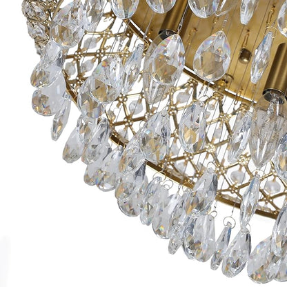 Maxax 19.5'' Crystal Brass Chandelier, 5-Light Large Vintage Farmhouse Ceiling Light Fixture, Drum Raindrop Metal Shade, French Empire, for Living Room Bedroom Dining Room Kitchen Entryway