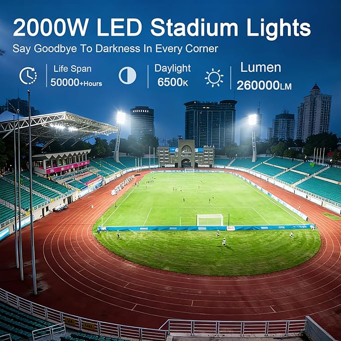 2000W LED Stadium Lights Outdoor Flood Lights 260000LM Super Bright LED Arena Flood Light 6500K IP67 Waterproof 100-277V Commercial Sport Field Light for Sport Fields, Courts