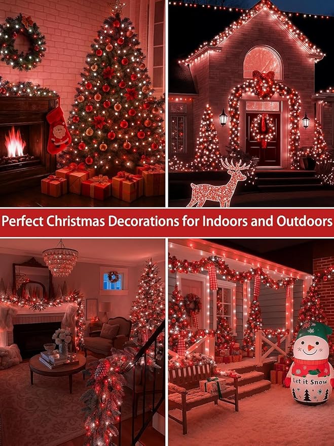 2 Pack 66FT 200 LED Red and White Christmas String Lights Indoor Outdoor, 13 Modes Extendable Christmas Tree Lights with Timer & Memory, Waterproof Twinkle Xmas Lights for Tree Holiday Party Garden