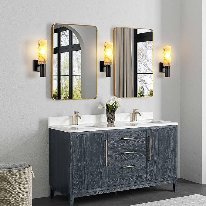 Modern Alabaster Sconce Marble Wall Sconce for Living Room Black Base Bathroom Vanity Wall Sconce Lighting Stone Marble Wall Lamp for Bedroom Corridor Stairs Restaurant