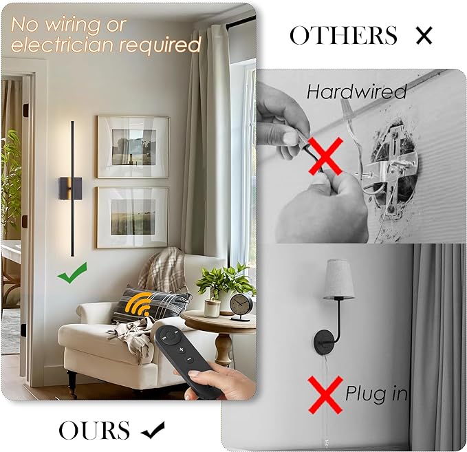 KARTOOSH Battery Operated Wall Sconces with Remote Control, Dimmable Wall Sconces Set of Two, 350°Rotate, 3000K LED Black Wireless Wall Light for Living Room, Hallway, Bedroom, 32.2 Inch (2 Pack)