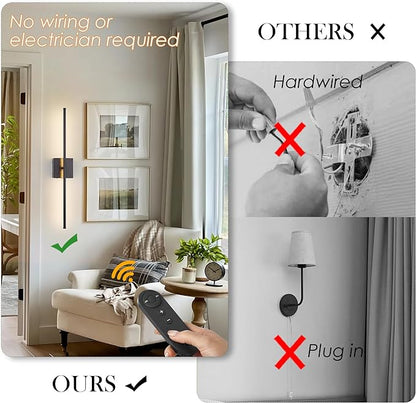 KARTOOSH Battery Operated Wall Sconces with Remote Control, Dimmable Wall Sconces Set of Two, 350°Rotate, 3000K LED Black Wireless Wall Light for Living Room, Hallway, Bedroom, 32.2 Inch (2 Pack)