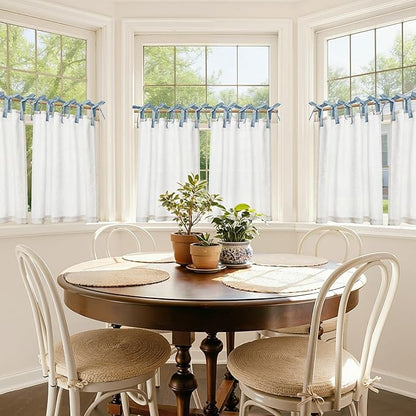 jinchan Linen Tie Top Curtains 36 Inch Length Farmhouse Cafe Curtains Set of 2 for Bedroom Bathroom Rustic Small Windows Light Filtering White Panels with Blue Ties