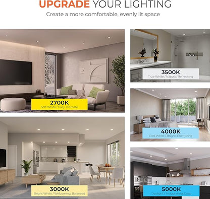HALO HLB 4 inch LED Recessed Ceiling Light Canless Dimmable Selectable Lumens and Selectable Color 27/30/35/40/5000K 6-Pack Wet Location Indoor Outdoor Airtight HLB4LSFS5-6PK