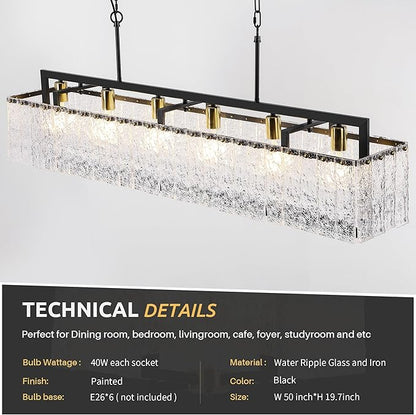 Modern Black Crystal Chandelier for Dining Room, 50" Hanging Light Fixture,Water Ripple Glass Design, Adjustable Height, Rectangle Chandelier for Living Room Kitchen Island