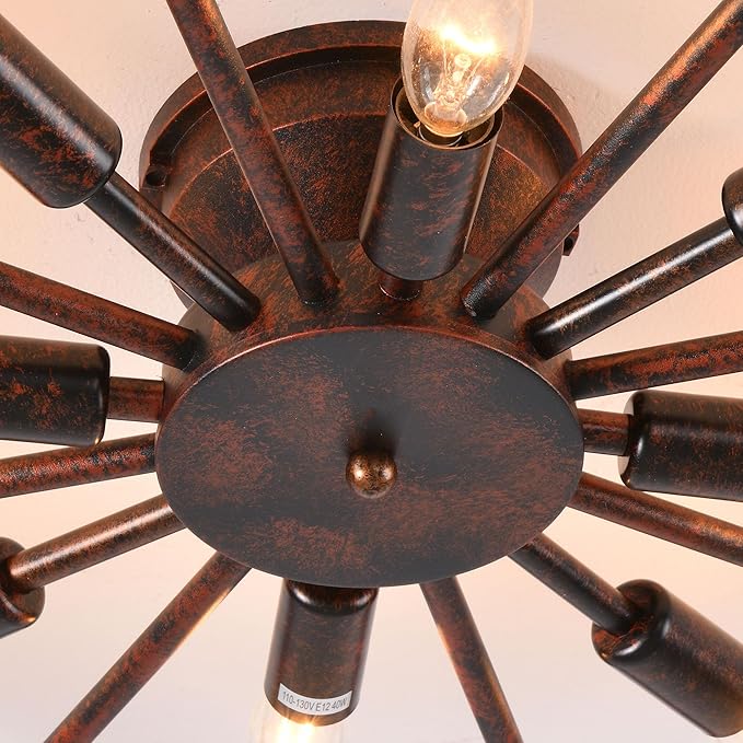 Farmhouse Ceiling Light Red Rust Metal Dining Room Flush Mount Light Fixtures, 26.8" Rustic Living Room Lighting Fixtures Ceiling, E12 Ceilings Lamp for Kitchen (8-Light)