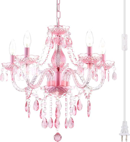 Plug-in 5 Lights Pink Crystal Hanging Pendant Light Acrylic Chandelier with Clear Cord & On/Off Switch H19 D19.7 for Kitchen Island Girls' Room Dining Area Laundry Pavilion.