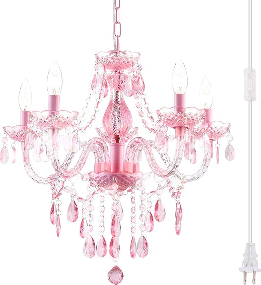 Plug-in 5 Lights Pink Crystal Hanging Pendant Light Acrylic Chandelier with Clear Cord & On/Off Switch H19 D19.7 for Kitchen Island Girls' Room Dining Area Laundry Pavilion.