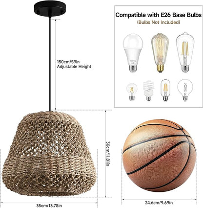 Brown Rattan Pendant Light 13.8in Farmhouse Woven Chandelier Rattan Lights Fixture Over Island Rustic Wicker Hanging Ceiling Lighting for Dining Room Kitchen Bedroom Entryway Restaurant Bar