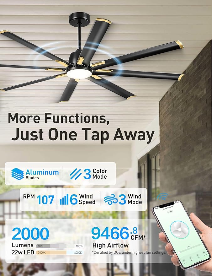 Minislak 72 Inch Ceiling Fan with Light,Industrial Ceiling Fan with 8 Aluminium Blades,Black Gold Smart Fan Compatible with Alexa,Garage Outdoor Indoor Fan for Patio and Living Room