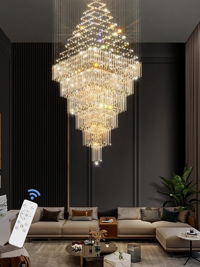 Flashing God D48''X H120'' Extra Large Chandelier for High Ceiling Modern Raindrop Chandelier Crystal Flush Mount Ceiling Light for Foyer Living Room Staircaes Entrance Gold ﻿